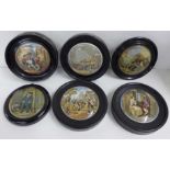 Six framed 19th Century Prattware pot lids, one a/f