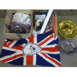 Two boxes of assorted items, lace, toy gun, a fez, a beret, a pair of bookends, a QEII
