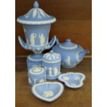 A Wedgwood Jasperware lidded Campana vase, teapot, two lidded pots and two pin trays