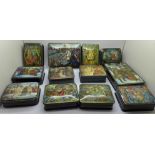 A collection of Russian lacquer boxes, two large - 11.5cm x 15.5cm and ten smaller - 8cm x 10.5cm