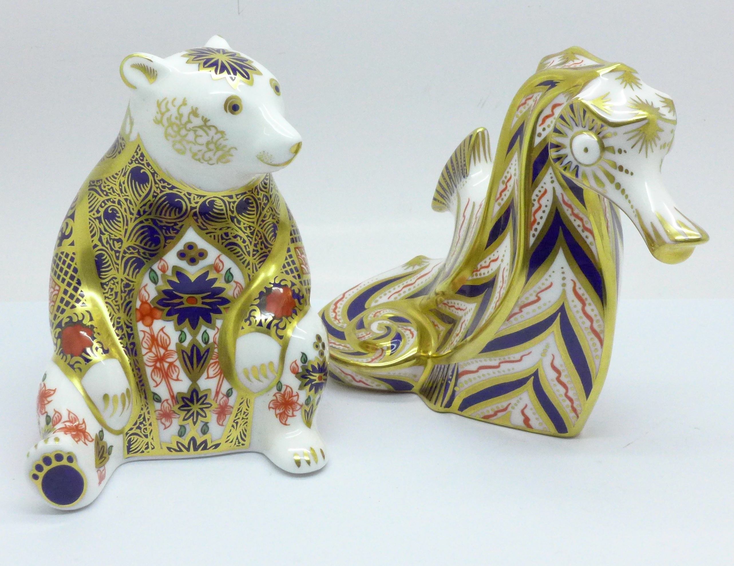 A Royal Crown Derby Imari Honey Bear paperweight with silver stopper, boxed, and a Royal Crown Derby