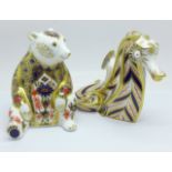 A Royal Crown Derby Imari Honey Bear paperweight with silver stopper, boxed, and a Royal Crown Derby