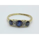 An early 20th Century 18ct gold, sapphire and diamond ring, 2.2g, R