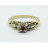 A 14ct gold, ruby and diamond ring, 3g, M