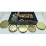 Vintage jewellery and six compacts including Stratton