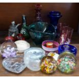 A collection of decorative glass, a pair of Mary Gregory cranberry glass beakers, an iridescent vase