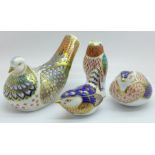 Four Royal Crown Derby paperweights, Millennium Dove, 811 of 1500, gold stopper, Blue Tit, silver