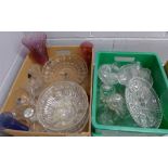 Two boxes of glassware including cut glass and coloured glass, an etched glass decanter, etc. **