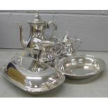 A three piece plated tea service, a plated tureen and a plated dish **PLEASE NOTE THIS LOT IS NOT