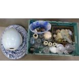 A collection of 'egg' mineral samples, glass bottles, other glass, a large decorative egg and a