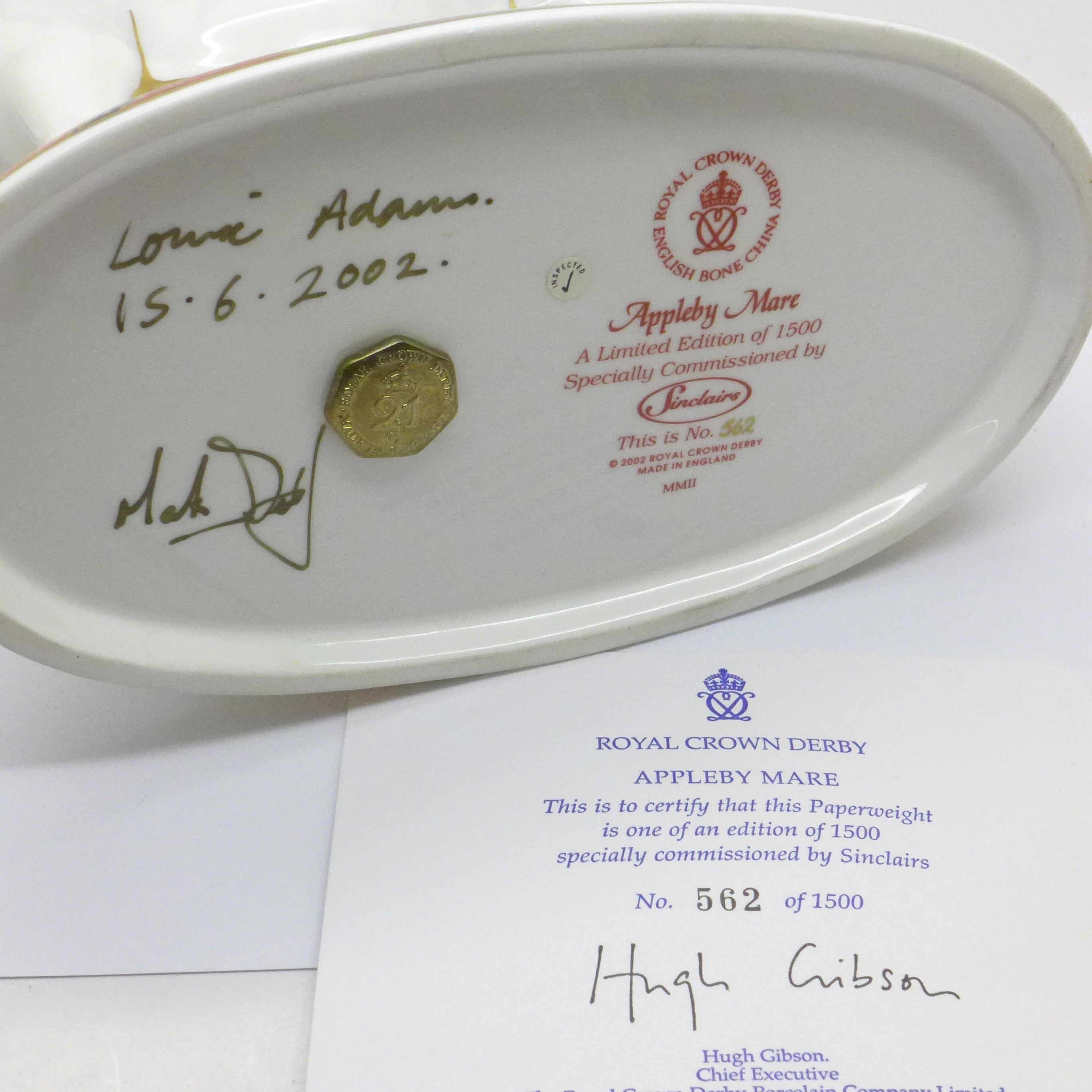 A Royal Crown Derby paperweight, Sinclairs Appleby Mare, 562 of 1500, boxed, with certificate and - Image 5 of 7