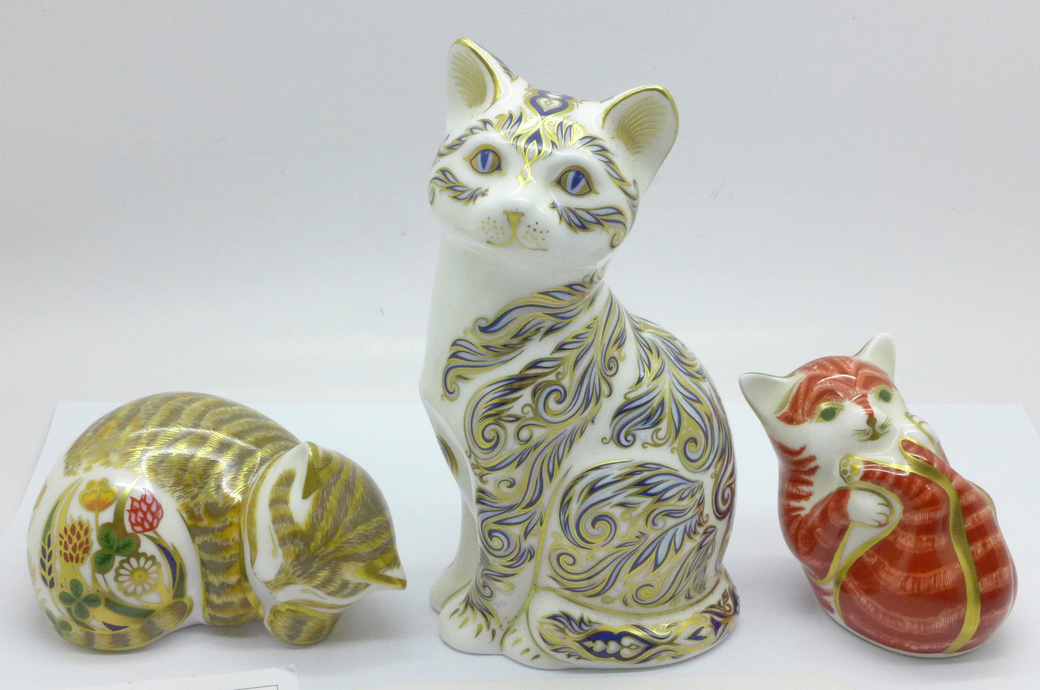 Three Royal Crown Derby paperweights, Majestic Cat, 1061 of 3500, silver stopper, Playful Ginger