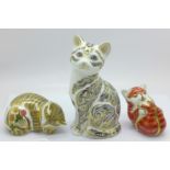 Three Royal Crown Derby paperweights, Majestic Cat, 1061 of 3500, silver stopper, Playful Ginger