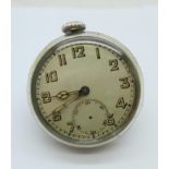 A silver Art Deco strut type travel clock/watch, second hand missing