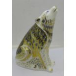 A Royal Crown Derby Wolf paperweight, limited edition of 2500, gold stopper, designed by Tien Manh