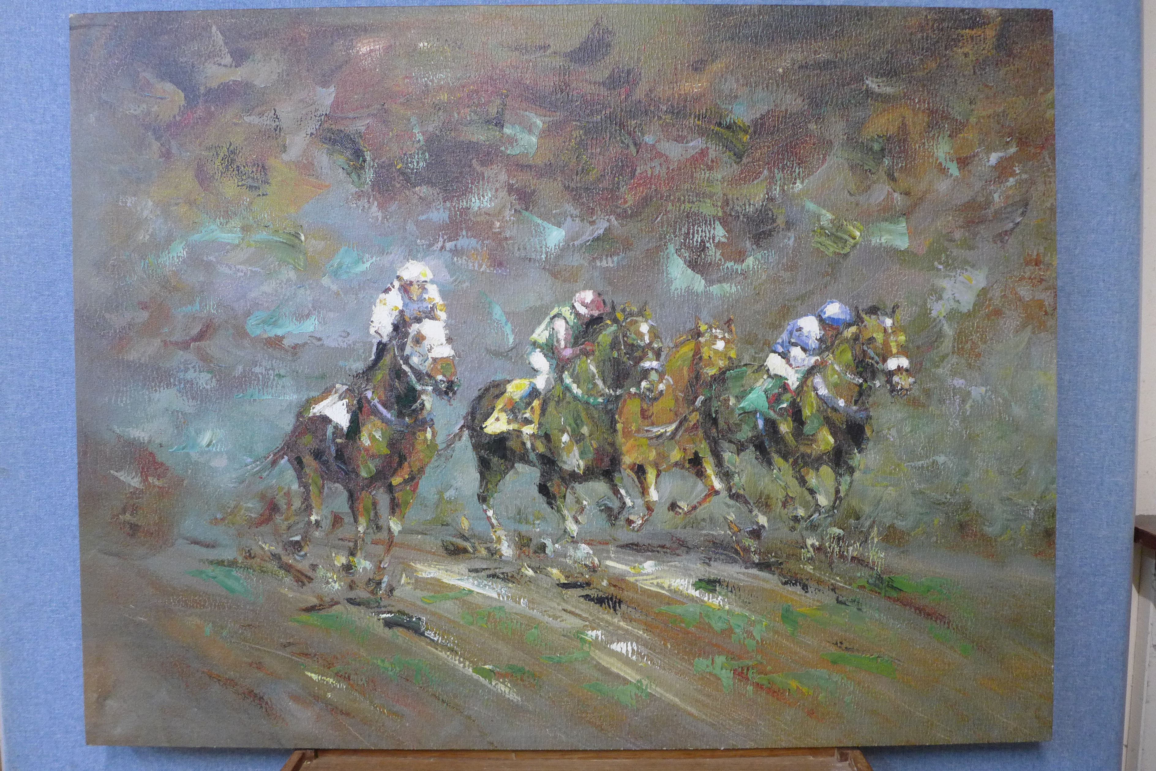 A large horseracing scene, acrylic on canvas, unframed