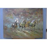 A large horseracing scene, acrylic on canvas, unframed