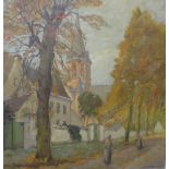 Gerard Van Tieghen (1908-1964), autumnal landscape with figures on a path by a church, oil on