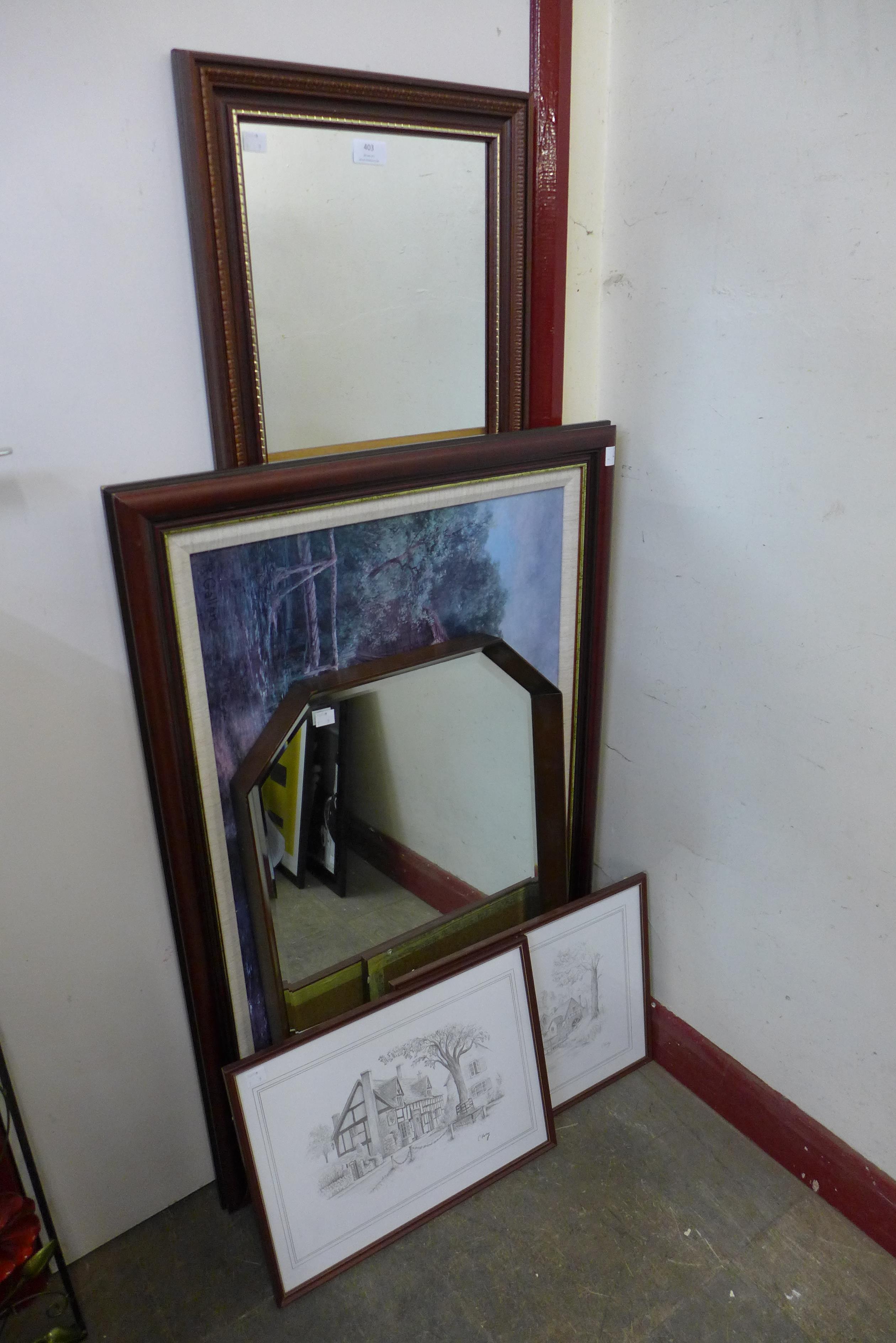 A bevelled edge mirror, another mirror, a modern oil on board and two signed C. Varley prints