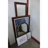 A bevelled edge mirror, another mirror, a modern oil on board and two signed C. Varley prints