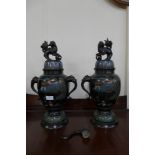 A pair of Japanese bronze and champleve enamelled vases and covers, 47cms h