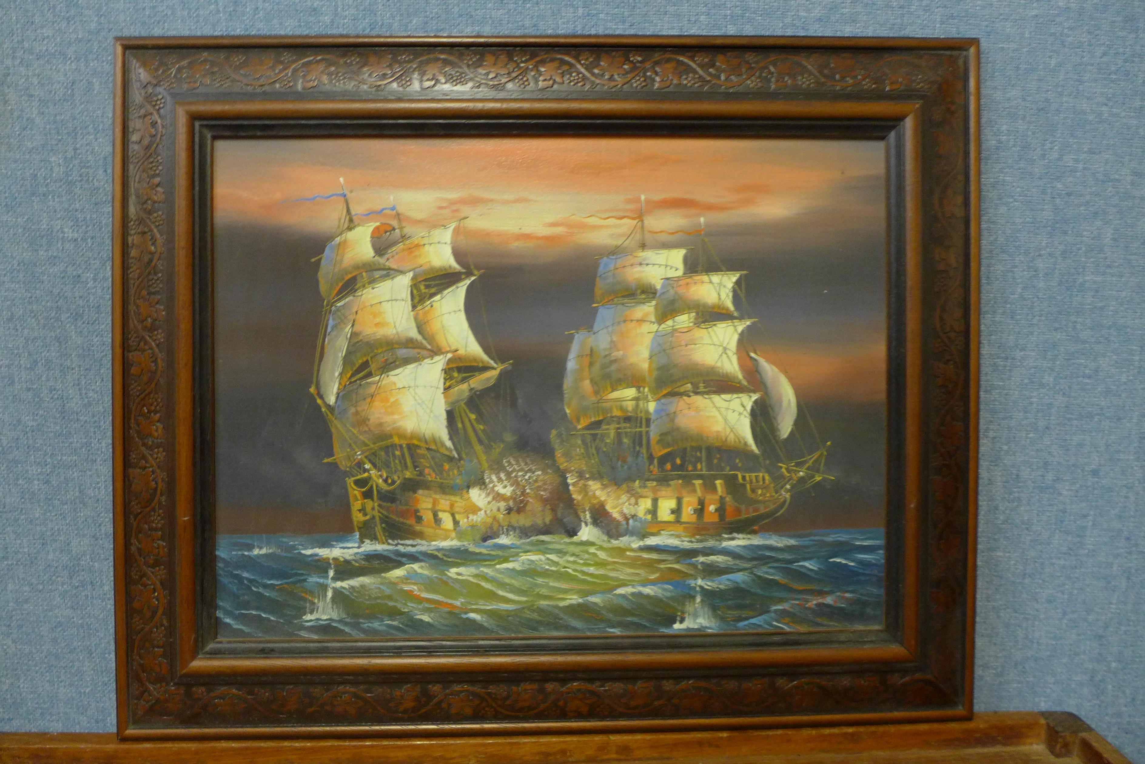 James Harvey, two galleons, oil on board, framed