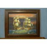 James Harvey, two galleons, oil on board, framed