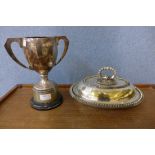 A plated tureen and cover and a trophy