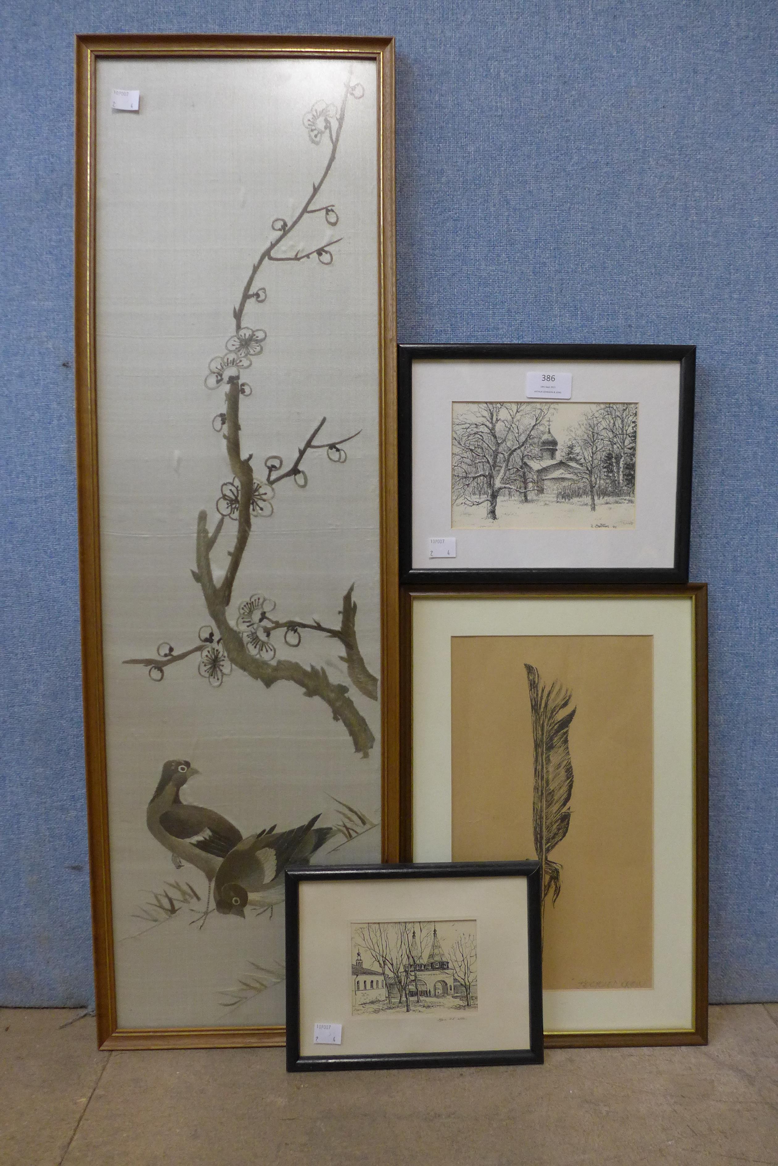 John Wilson, Recycled Crow, framed, two Russian School landscapes and an embroidery