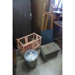 A painted pine easel, a cot, a brass coal box and one other