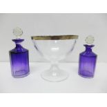 Two amethyst glass scent bottles and a ribbed glass footed bowl, scents a/f