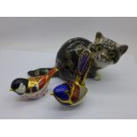 A Winstanley cat and two Royal Crown Derby bird paperweights