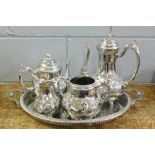 A silver plated tea/coffee set on a tray