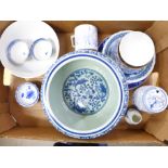 A collection of oriental and other blue and white china, a Queen Victoria commemorative mug, tea