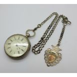 A silver pocket watch and chain