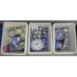 Three boxes of mixed blue and white Willow pattern china including Booths Real Old Willow and