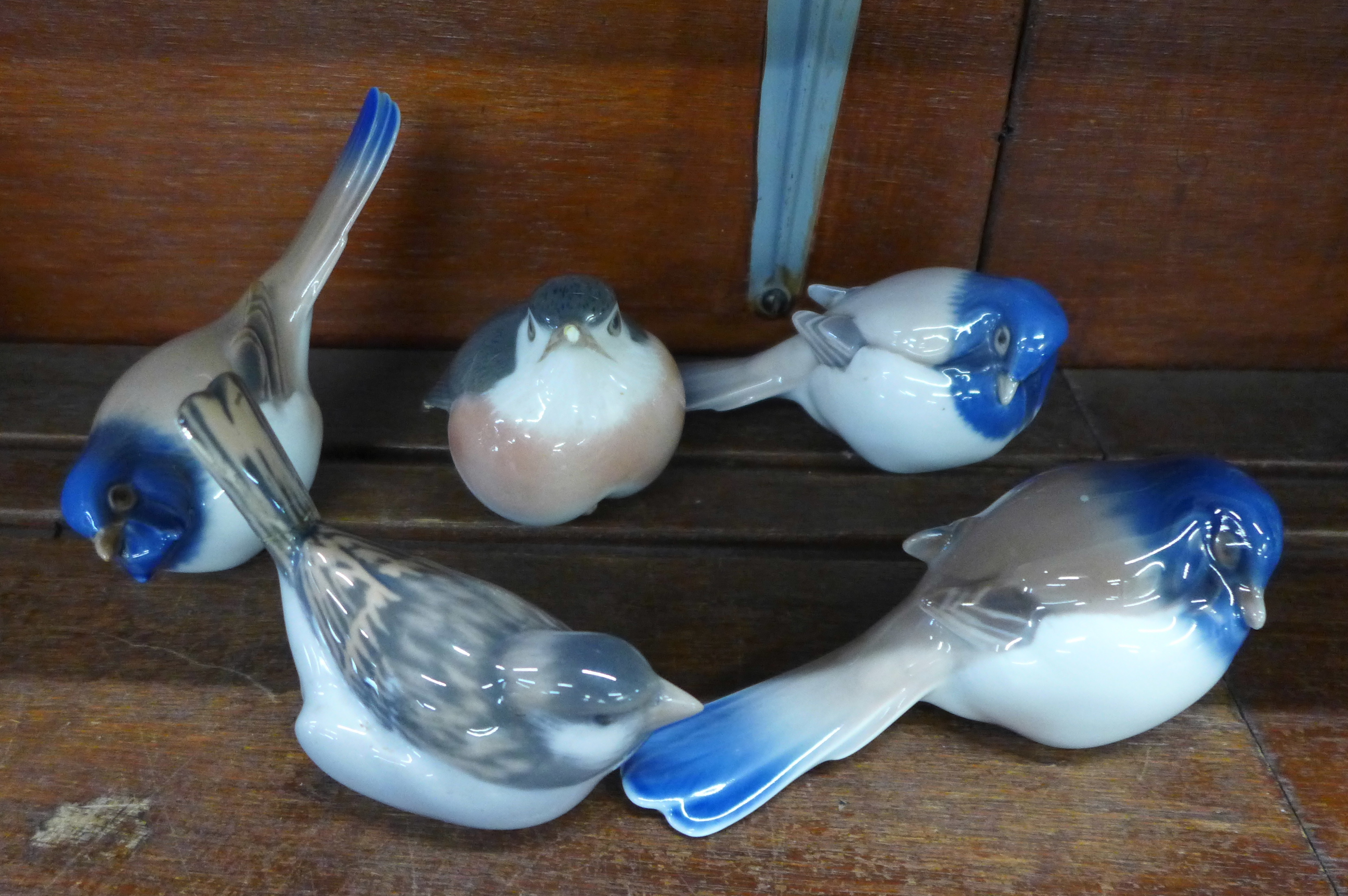 Five Royal Copenhagen birds, two a/f