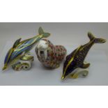 Three Royal Crown Derby Paperweights, 'Walrus' decorated in a kaleidoscopic patchwork of Japanese