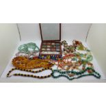 Bead and other necklaces including Murano and malachite and a case of heart shaped pendants