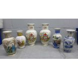 A pair of oriental vases, one a/f, and four other oriental vases