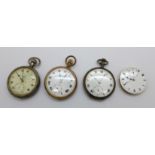 A silver pocket watch, two other pocket watches and a movement, a/f