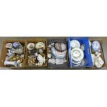 Five boxes of mixed china, Wedgwood, Spode, Danish, etc., cups, saucers, plates, bowls and