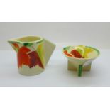 A circa 1930 Wilkinson Clarice Cliff Bizarre Maple Leaf pattern conical cream and sugar, small