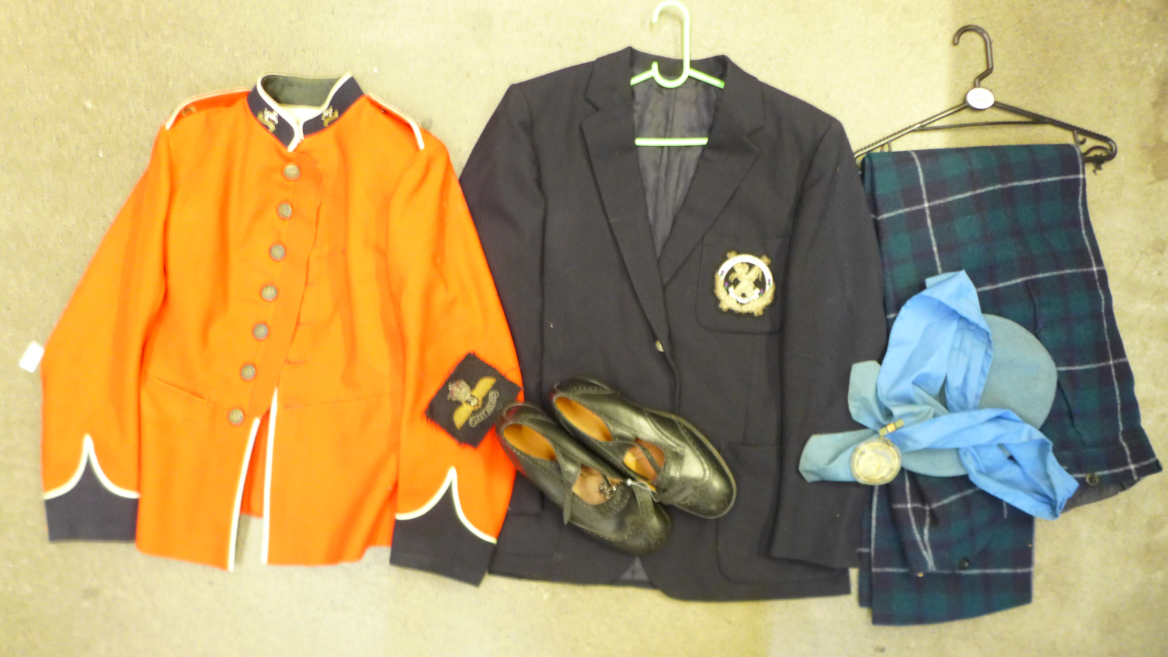 A King's Regiment jacket, blazer with regimental badge and buttons, a pair of Highland wool trousers