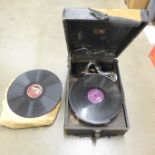 An HMV gramophone and 78rpm records