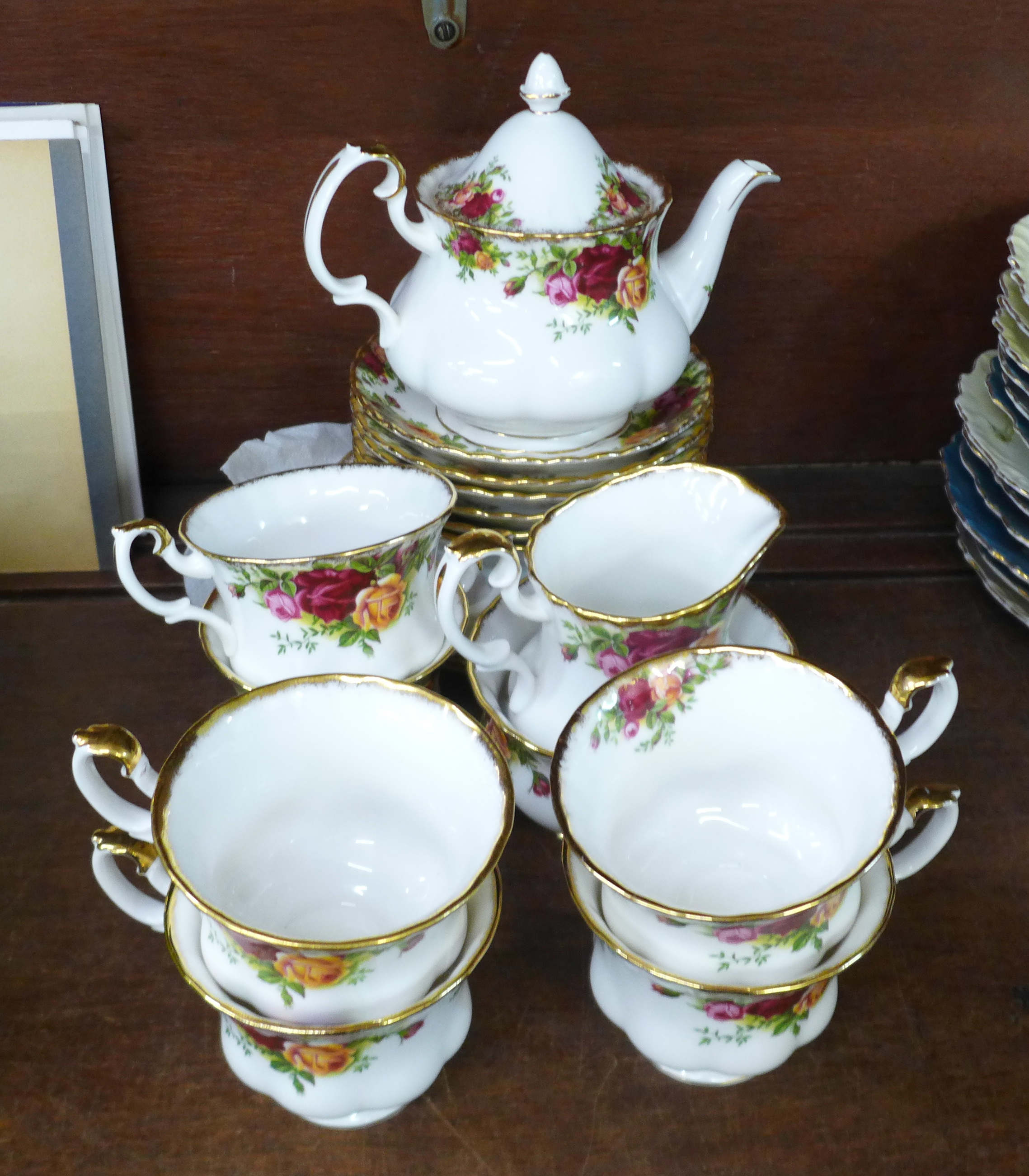 A Royal Albert Old Country Roses six setting tea service with small tea pot