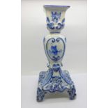 A blue and white candlestick, a/f, 25cm