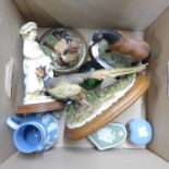 Three pieces of Wedgwood jasperware, three Leonardo Collection figures, glass paperweights, etc.