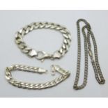 Two silver bracelets and a silver chain, 130g