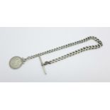 A silver Albert chain with Victorian 1887 coin fob, 29g